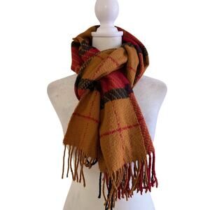 London Fog CashMink Scarf Plaid Red Mustard Tassel Hem Germany Winter